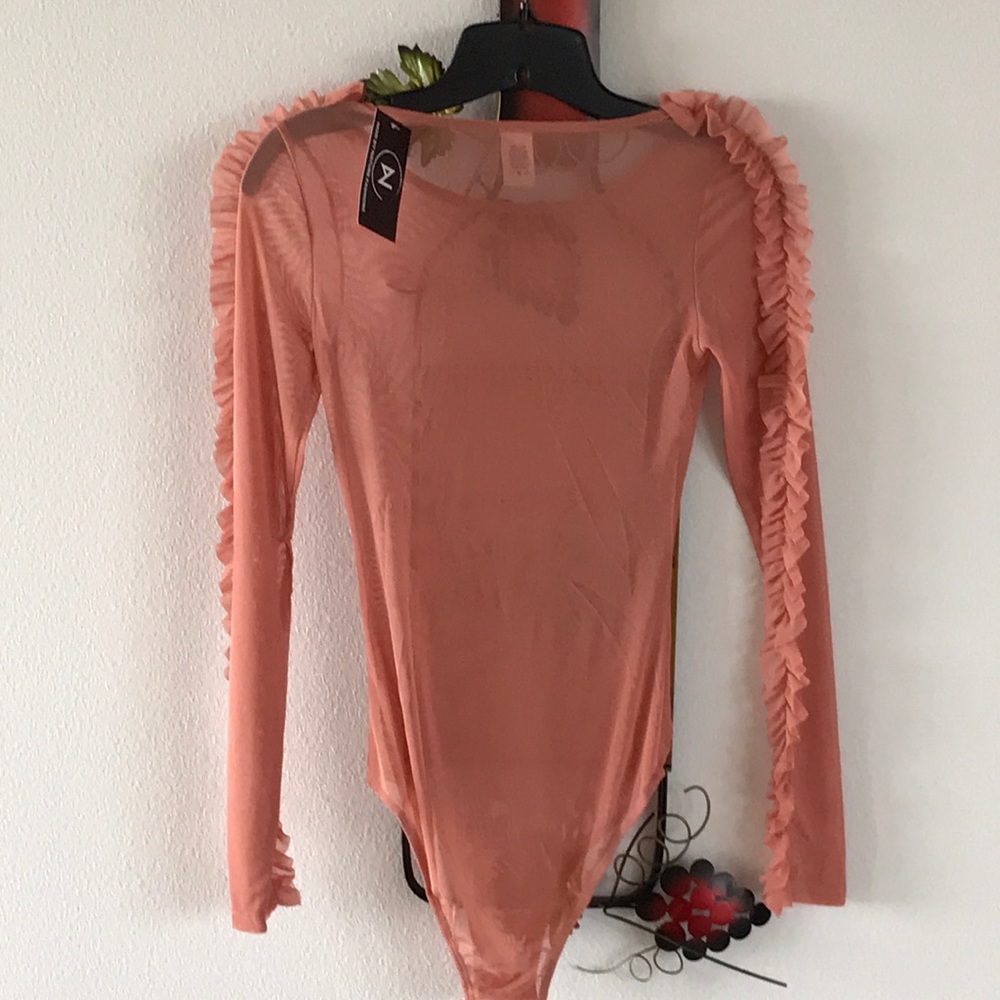 Long Sleeve  Sheer Bodysuit With Ruffle - Picture 2 of 6